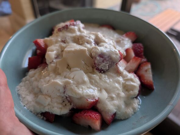 A bowl with soy yogurt and strawberries